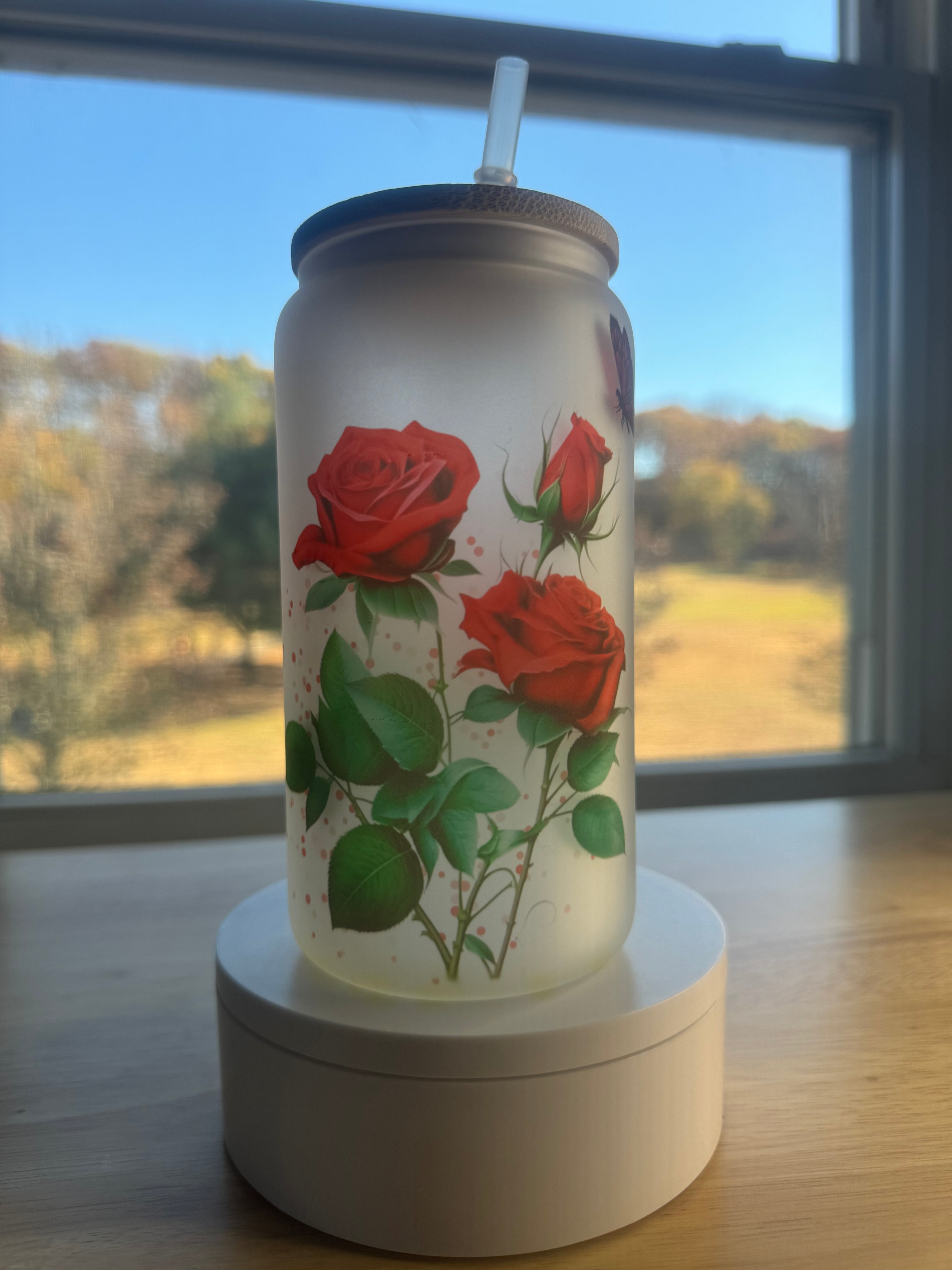 Custom name Gift box, sublimation frosted glass cup 16oz, red roses. Just for you - Sweet Vision LLC
