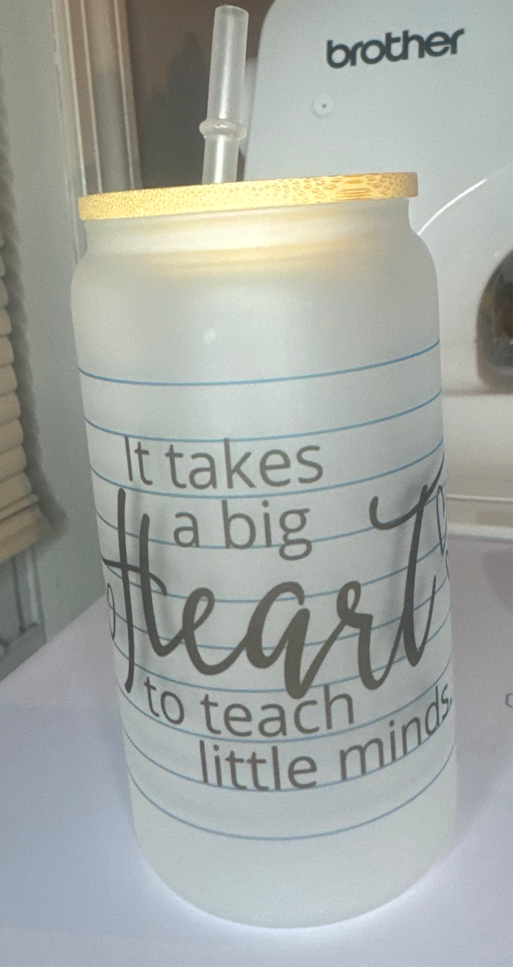 16oz frosted glass cup with bamboo lid and straw, teacher cup, birthday gift, big heart - Sweet Vision LLC