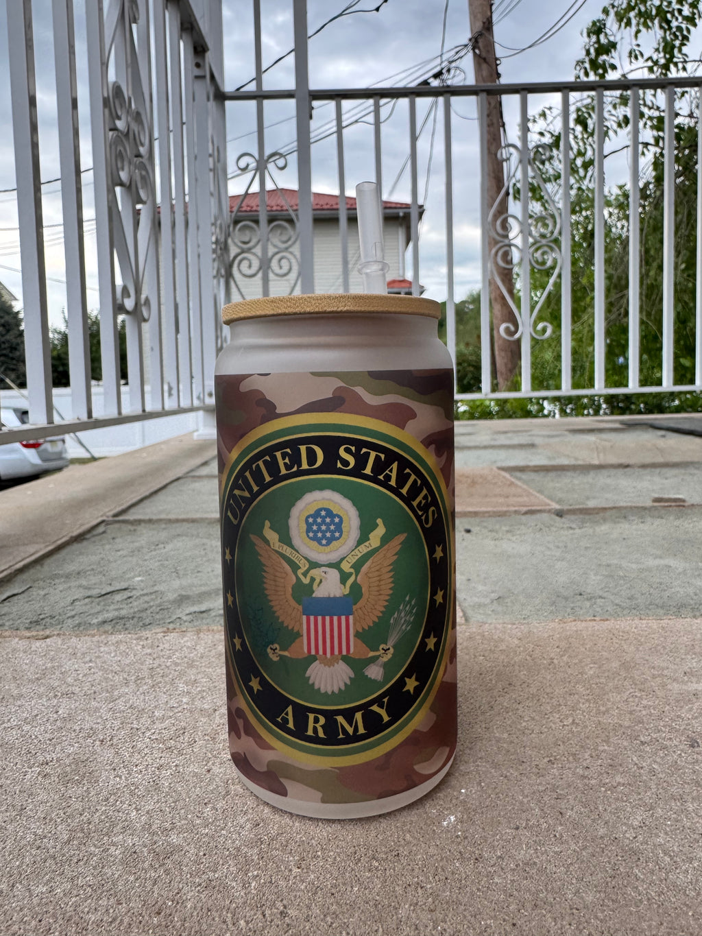Frosted glass cup with lid and straw, US Army, Proud to Serve - Sweet Vision LLC
