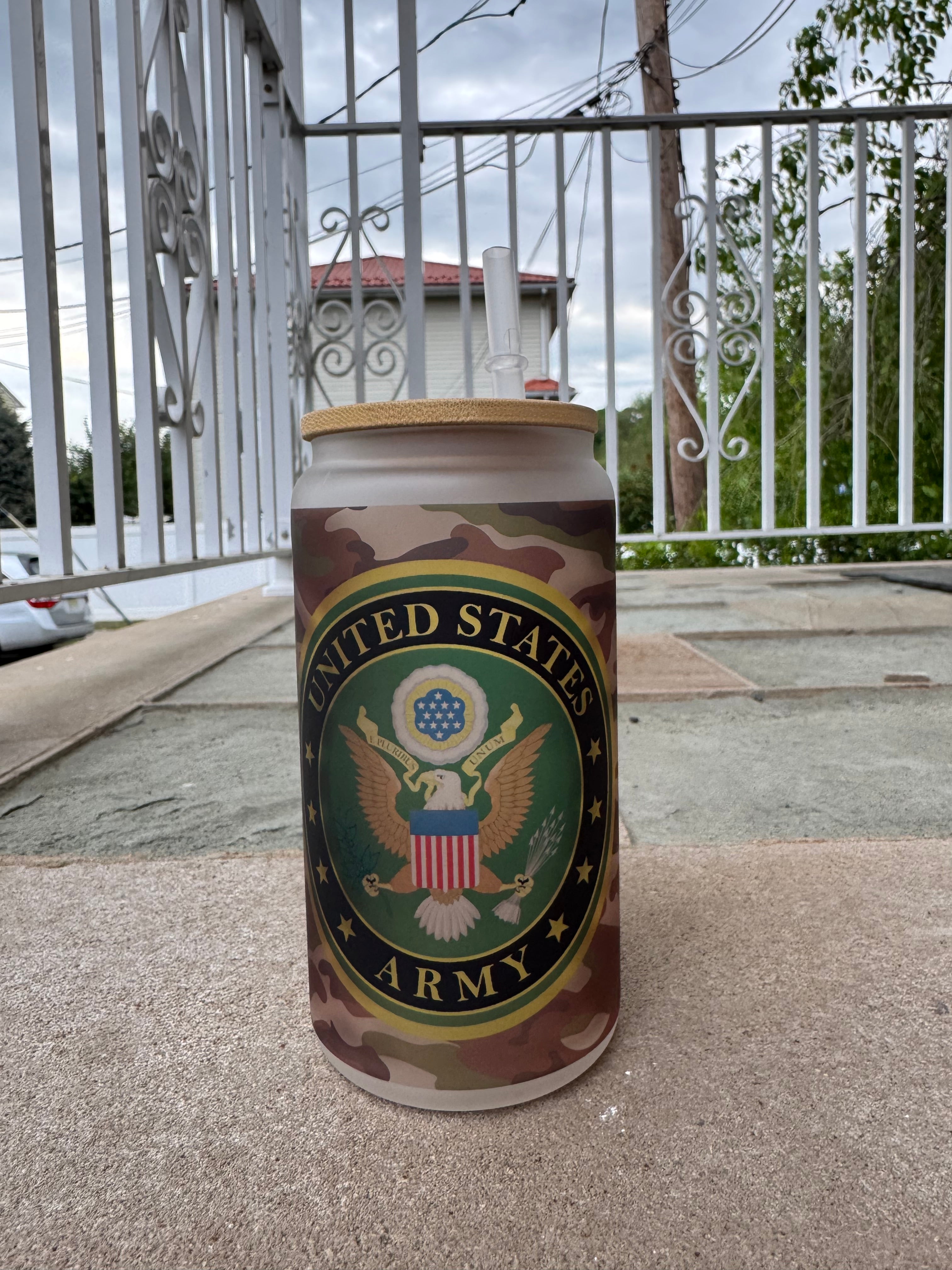 Frosted glass cup with lid and straw, US Army, Proud to Serve