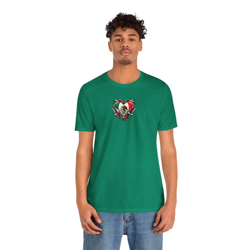 Unisex jersey tee featuring a Mexico heart flag graphic, ideal for holidays and celebrations.