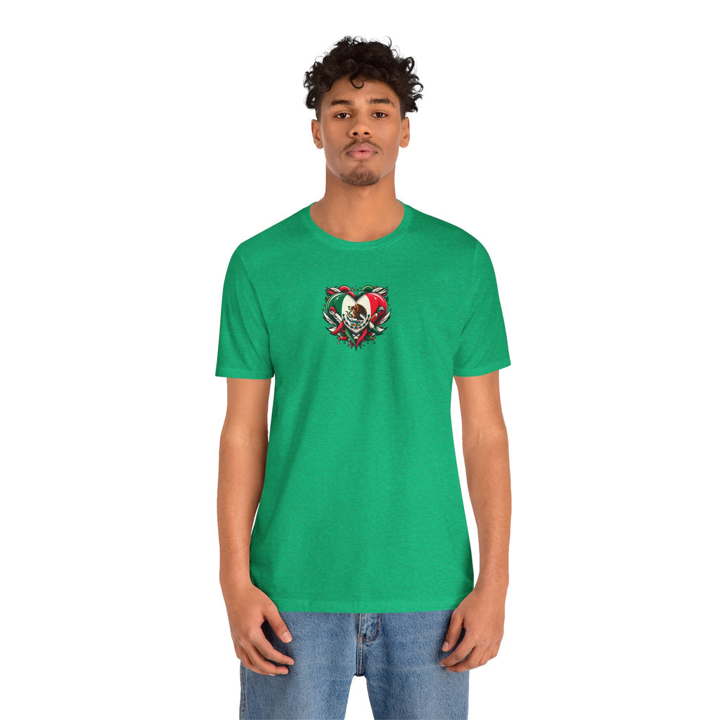 Unisex jersey tee featuring a heart graphic of the Mexico flag, ideal for holidays and celebrations.