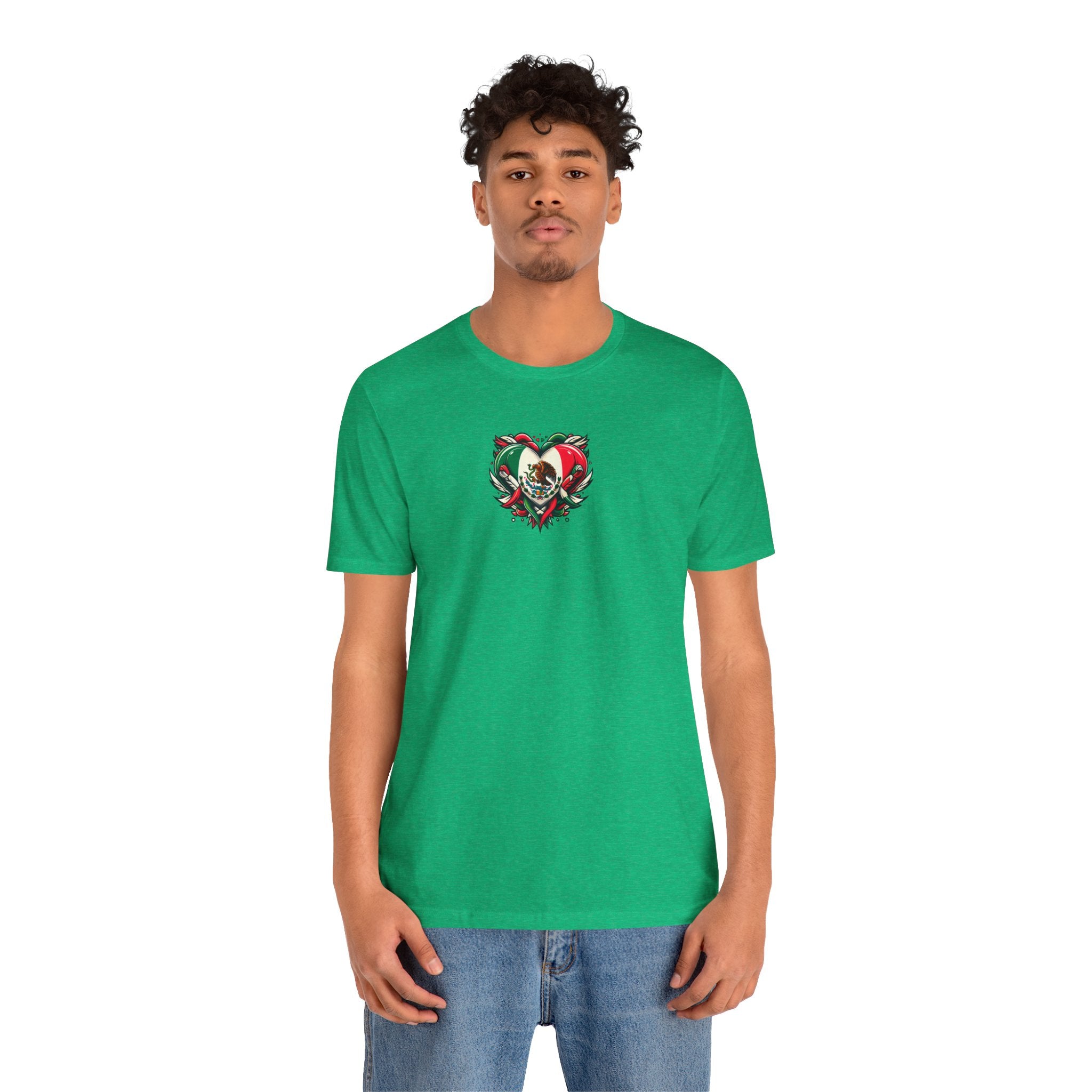 Unisex jersey tee featuring a heart graphic of the Mexico flag, ideal for holidays and celebrations.