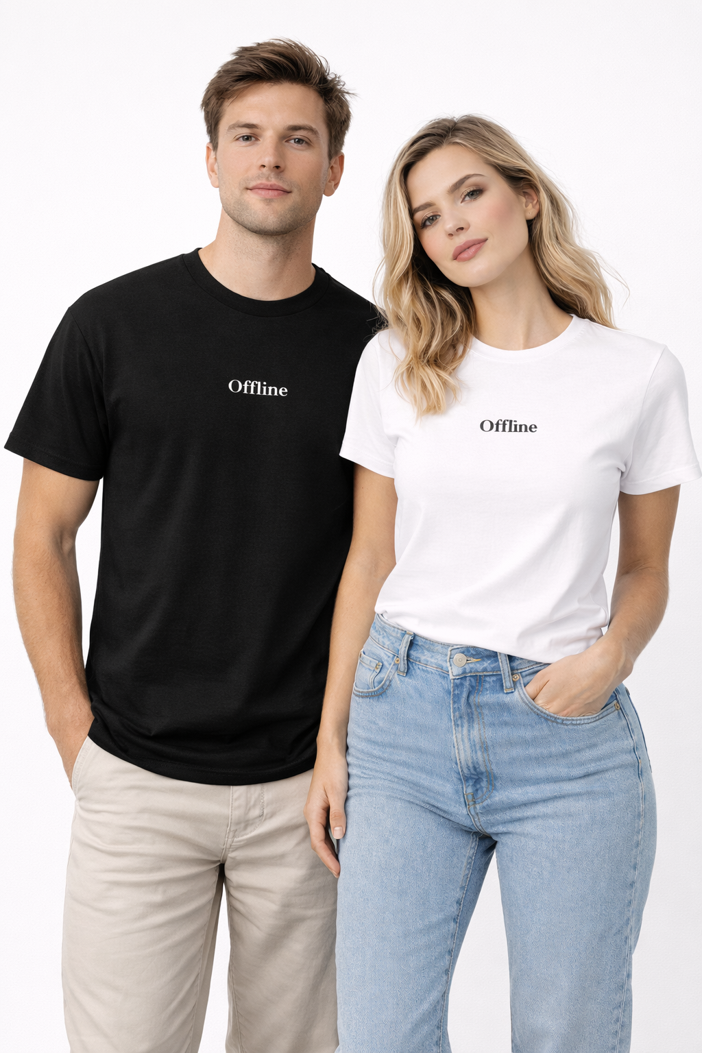 Man and woman wearing 'Offline' t-shirts on a white background
