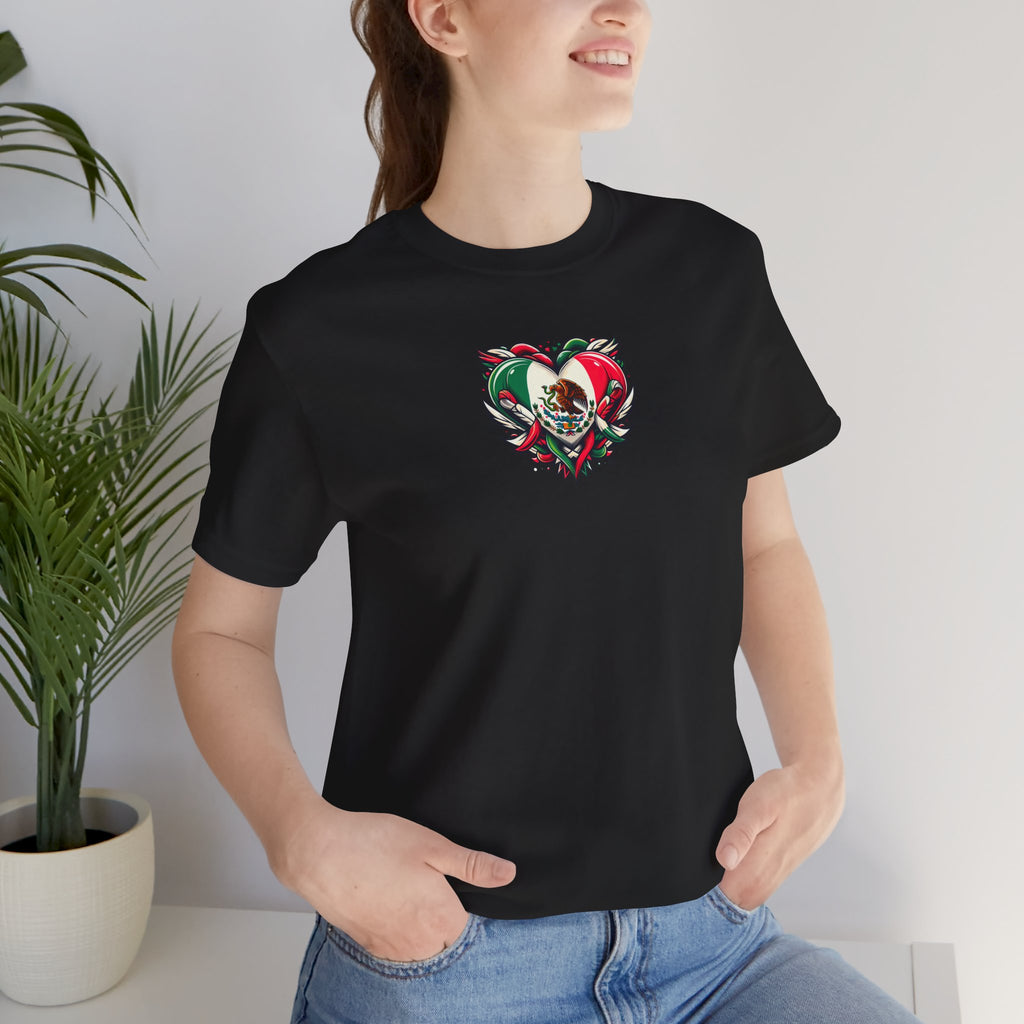 Unisex jersey tee featuring a Mexico heart flag graphic, ideal for holidays and celebrations, by Printify.