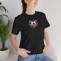 Unisex jersey tee featuring a Mexico heart flag graphic, ideal for holidays and celebrations, by Printify.