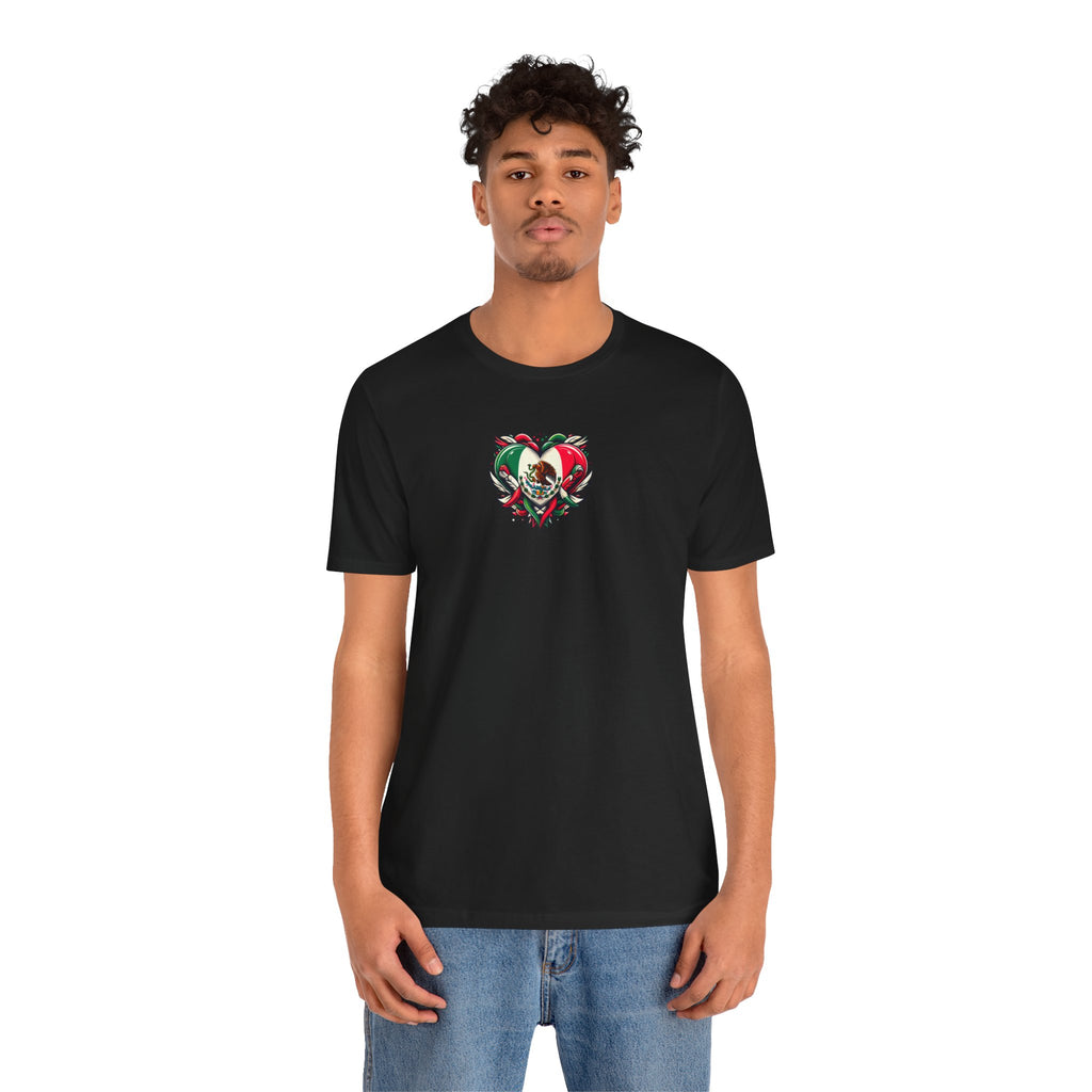 Unisex jersey tee featuring a Mexico heart flag graphic, ideal for holidays and celebrations by Printify.