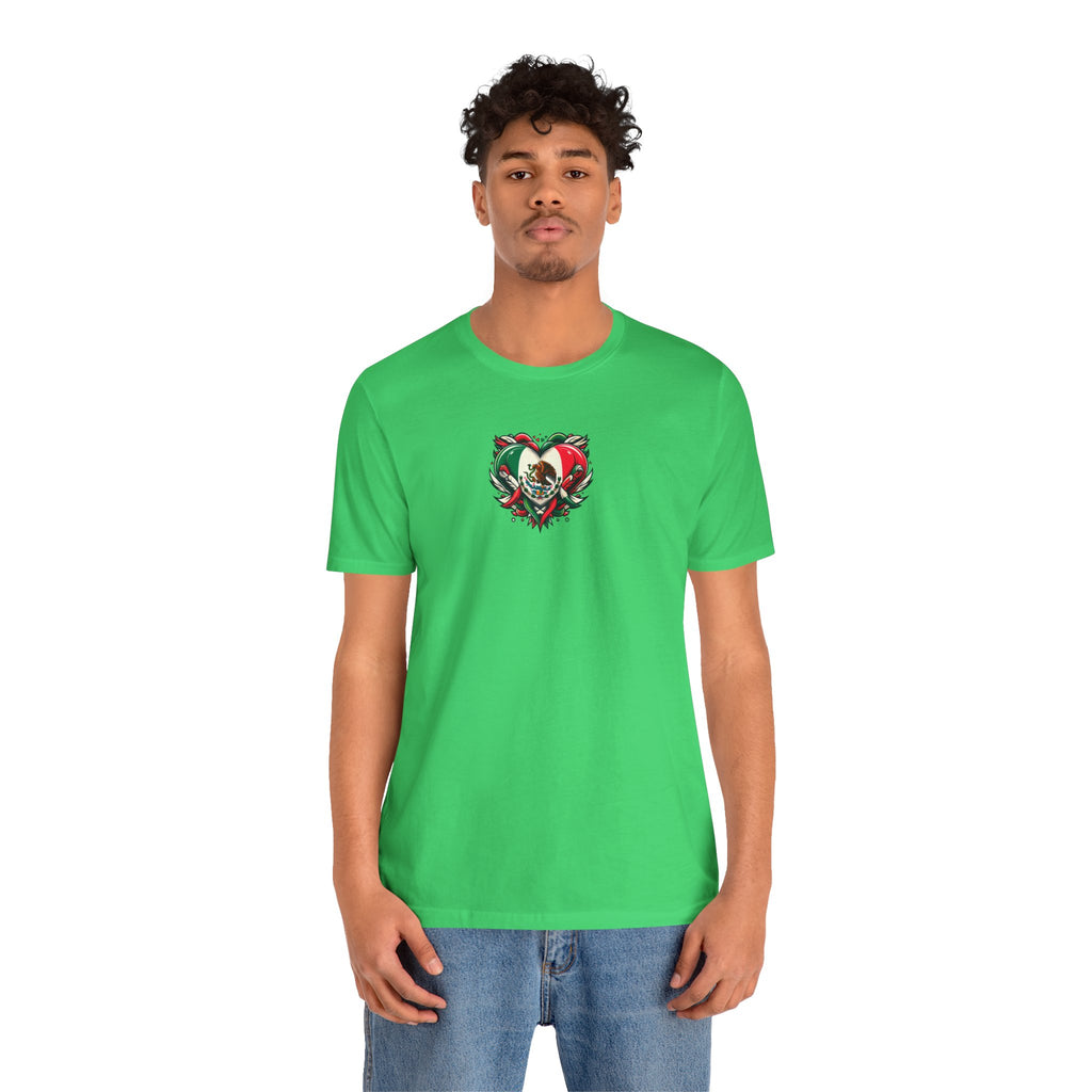 Unisex jersey tee featuring a Mexico heart flag graphic, perfect for holidays and celebrations.