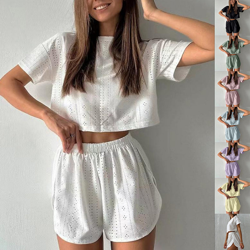 2pcs Casual Hollow Suit With Short-sleeved Crop Top And Elastic Slit Shorts Summer Fashion Sport Clothing For Women - Sweet Vision LLC