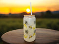 Frosted glass cup 16oz, Iced Coffee Cup, Bees & Honey - Glass Cup with Lid and Straw, Bee lover, Glass Tumbler - Sweet Vision LLC