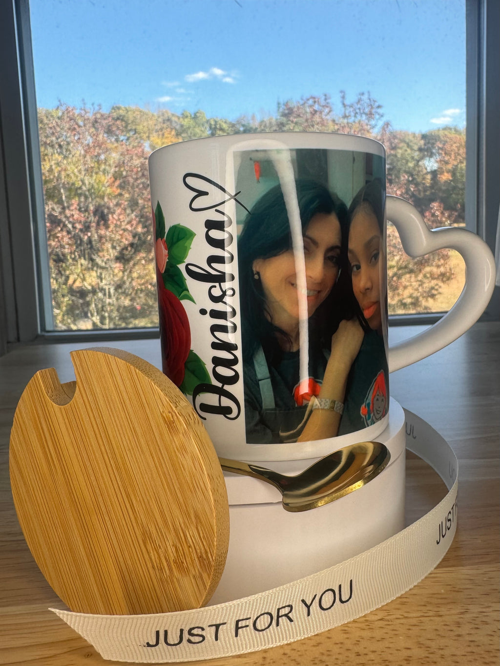 Custom picture, Sublimation mug with lid and spoon, heart handle - Sweet Vision LLC