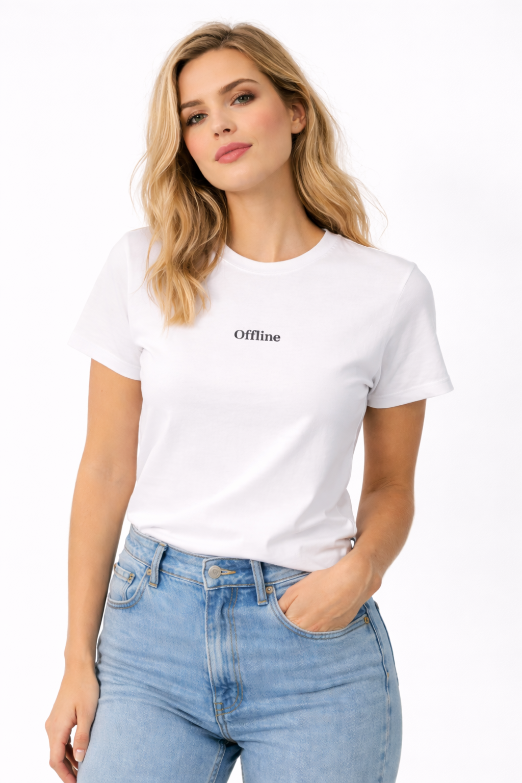 Woman wearing a white t-shirt with 'Offline' text and blue jeans on a white background