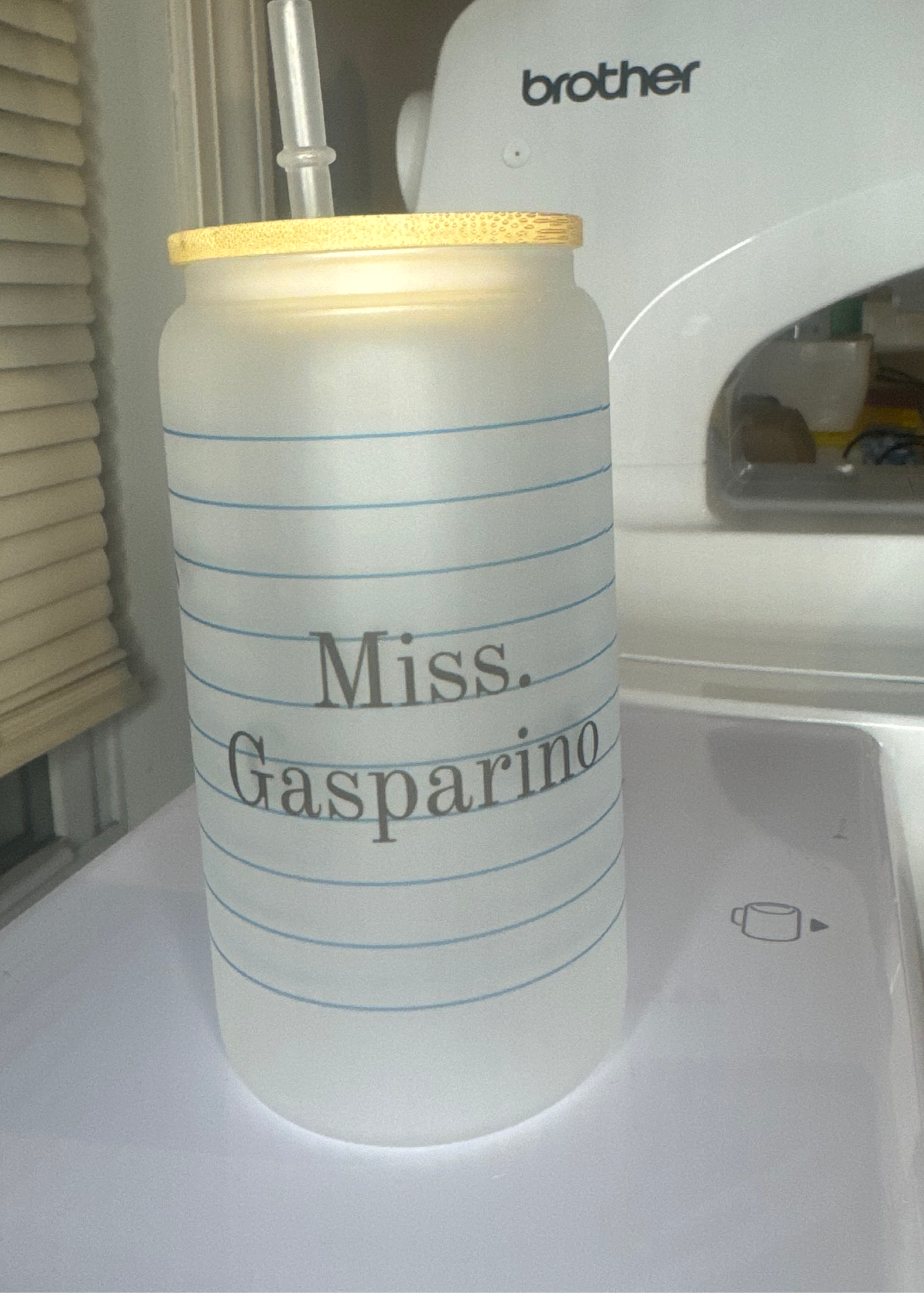 16oz frosted glass cup with bamboo lid and straw, teacher cup, birthday gift, big heart