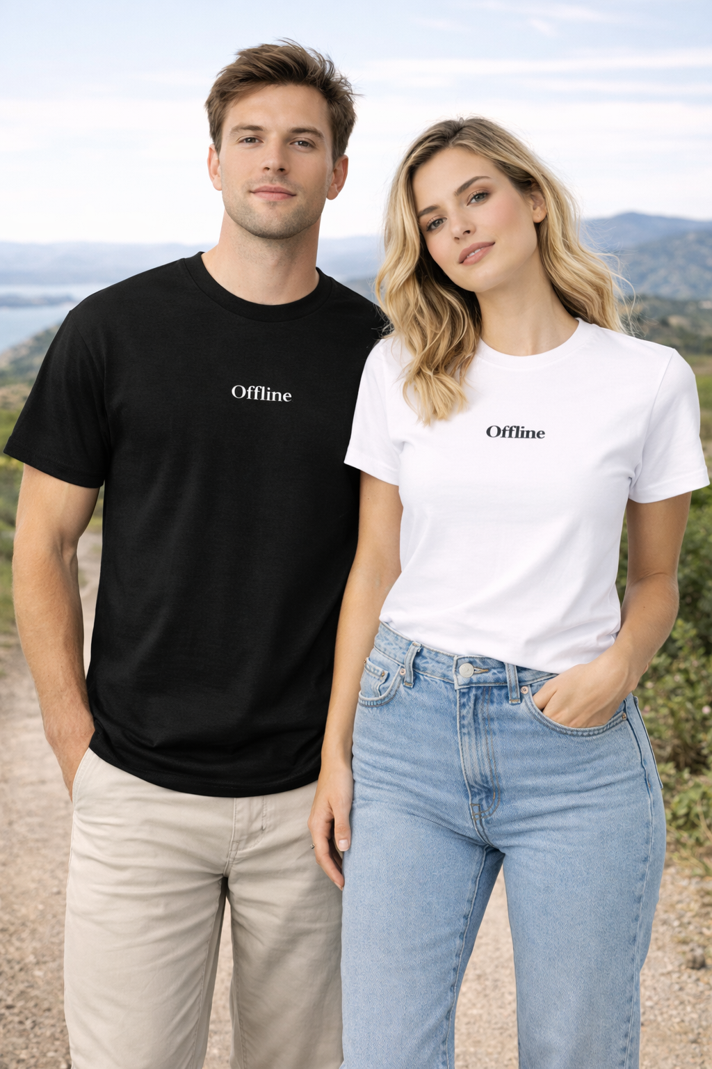 Two people wearing 'Offline' t-shirts outdoors with a scenic background.