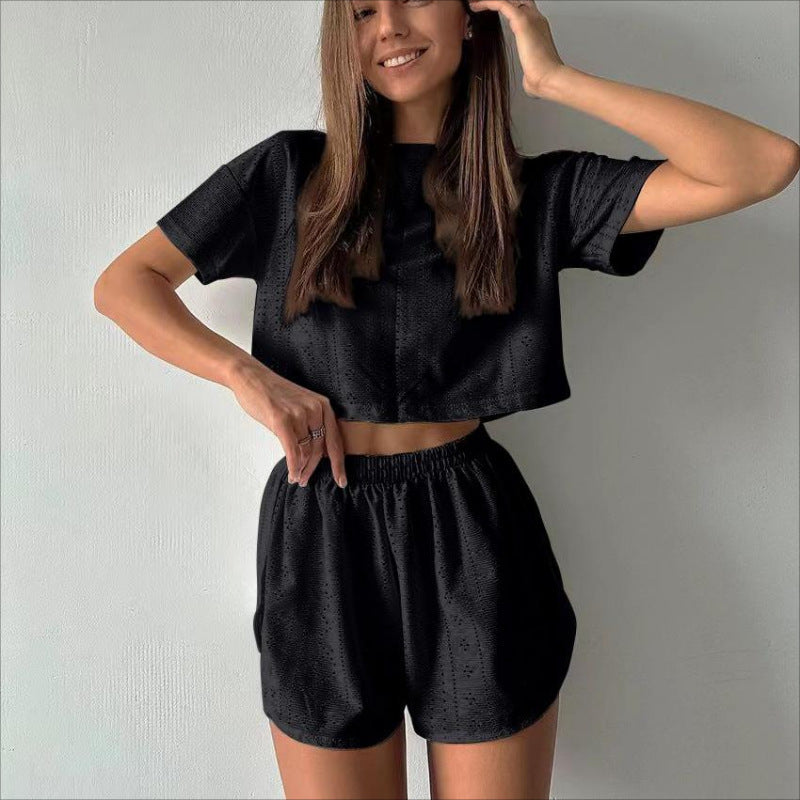 2pcs Casual Hollow Suit With Short-sleeved Crop Top And Elastic Slit Shorts Summer Fashion Sport Clothing For Women - Sweet Vision LLC