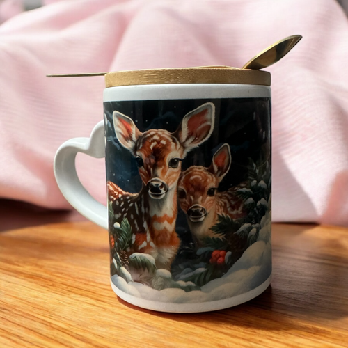 Christmas mug with lid and spoon, heart handle Sublimation mug - Sweet Vision LLC