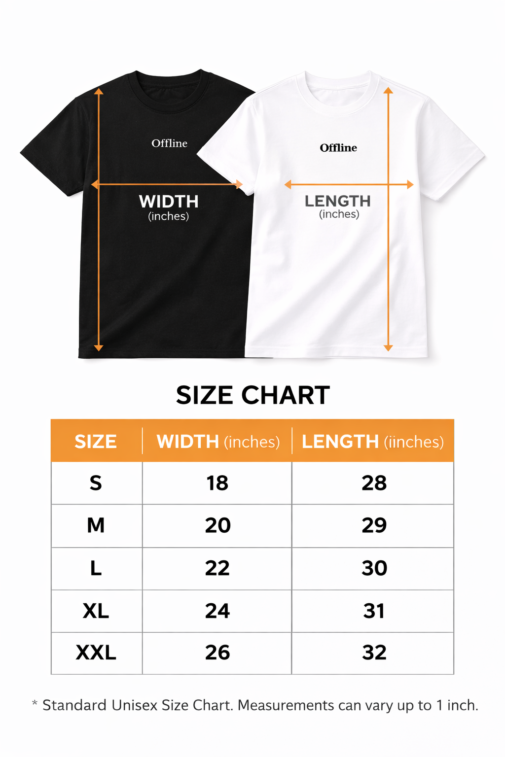 Black and white t-shirt with measurement lines and a size chart below.