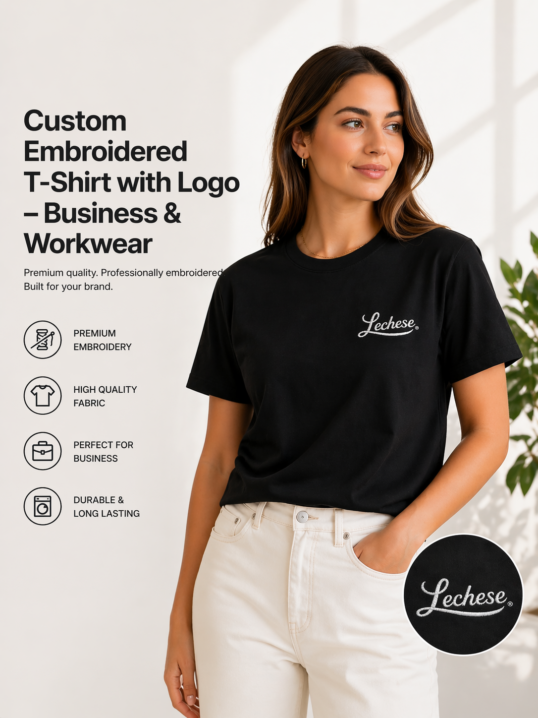 Custom embroidered ManiaWear T-shirt featuring a business logo, shown on a casual apparel model.