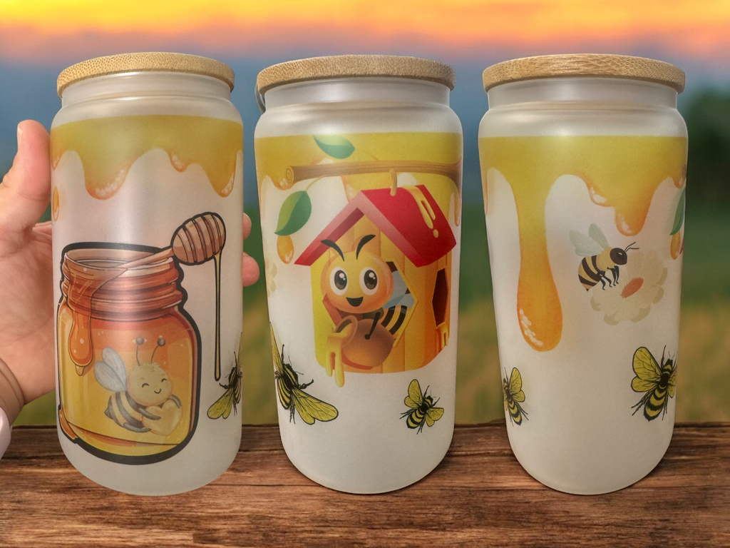 Frosted glass cup 16oz,Iced Coffee Cup, Mom iced coffee cup, Glass Cup With Lid And Straw, Bee lover, Glass Tumbler - Sweet Vision LLC