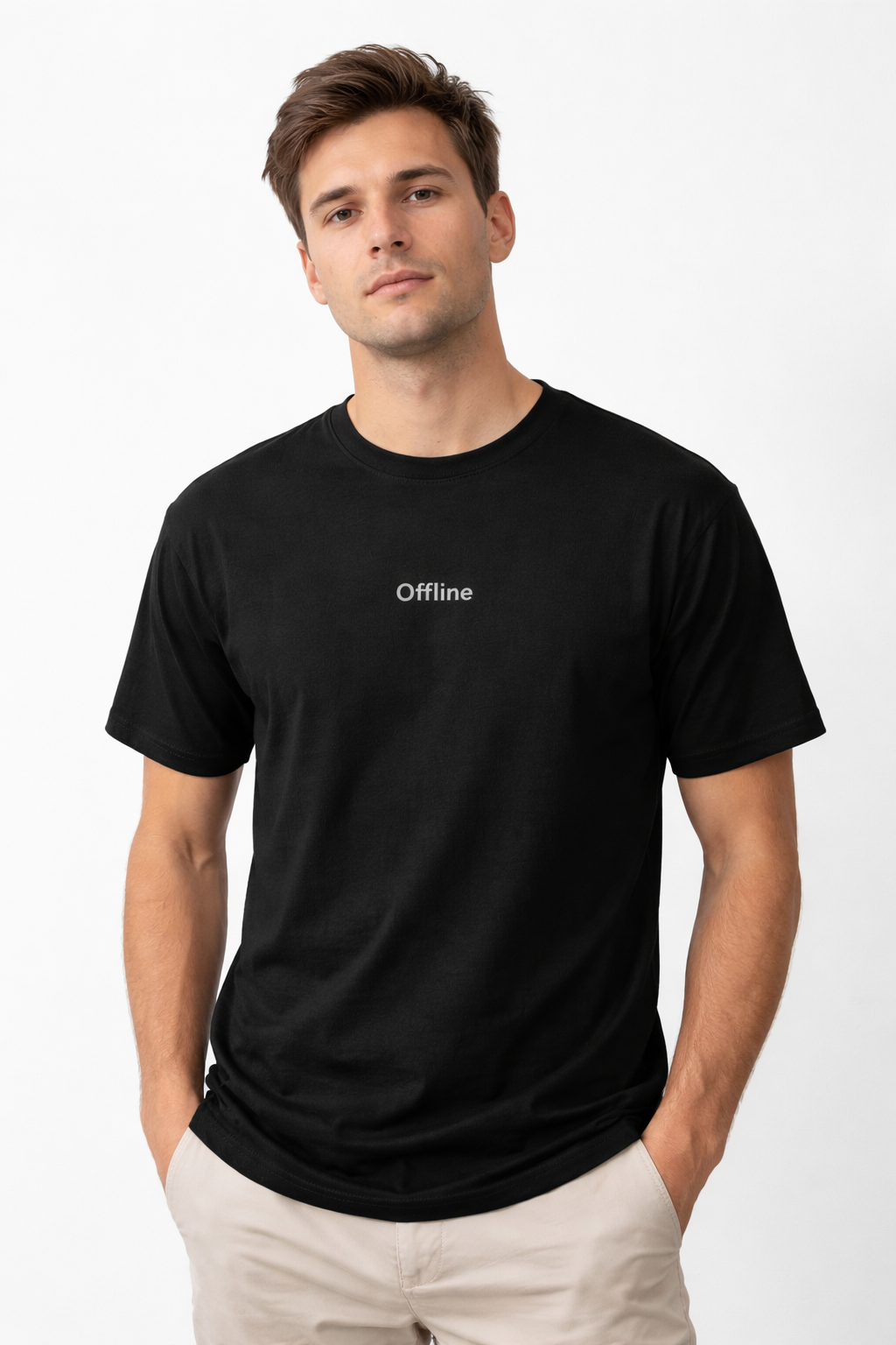 Man wearing a black t-shirt with 'Offline' text on a white background