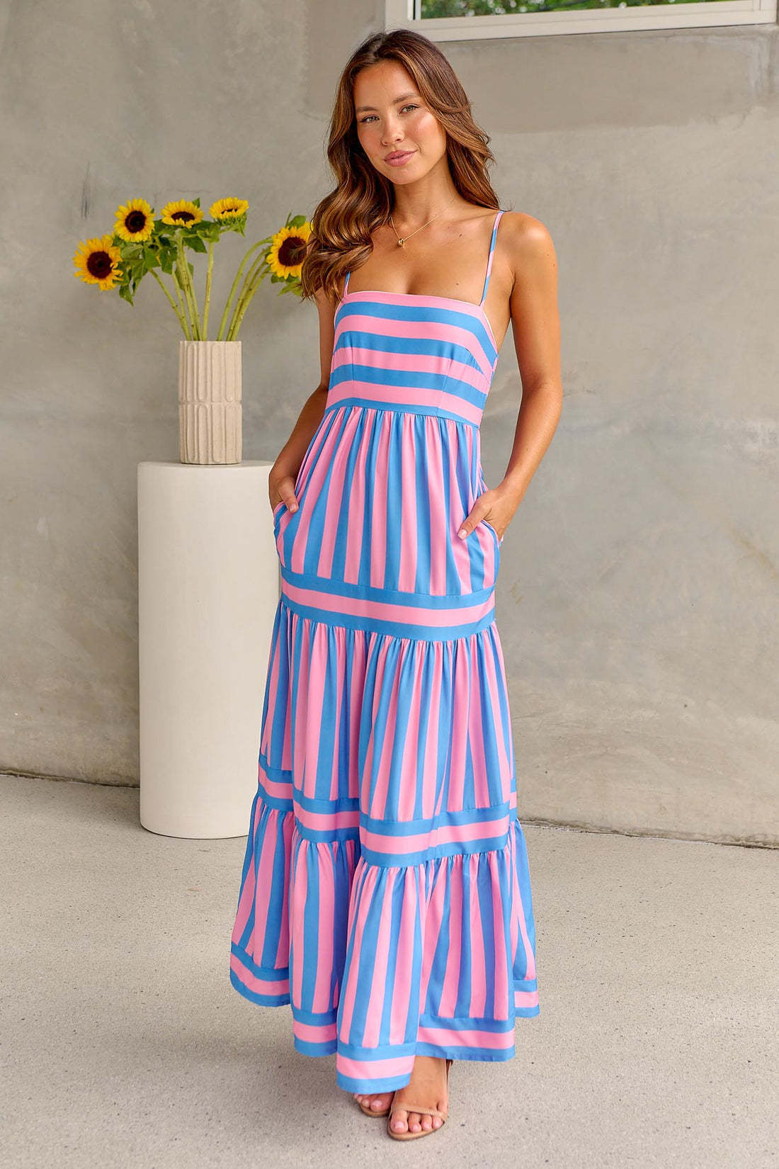Summer Striped Printed Suspender Long Dress With Pockets Fashion Square Neck Backless Dresses For Beach Vacation Women Clothing - Sweet Vision LLC