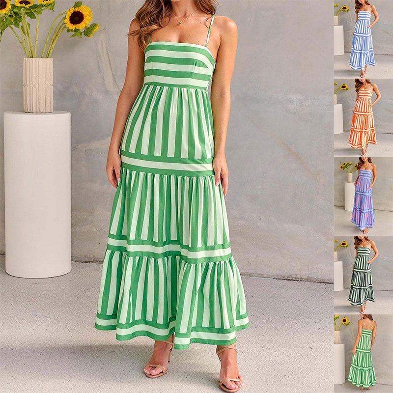Summer Striped Printed Suspender Long Dress With Pockets Fashion Square Neck Backless Dresses For Beach Vacation Women Clothing - Sweet Vision LLC