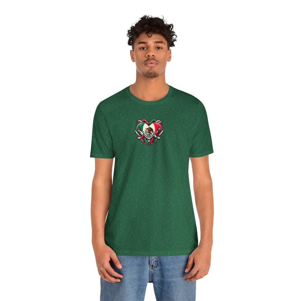 Unisex jersey tee featuring a Mexico heart flag graphic, perfect for holidays and celebrations.