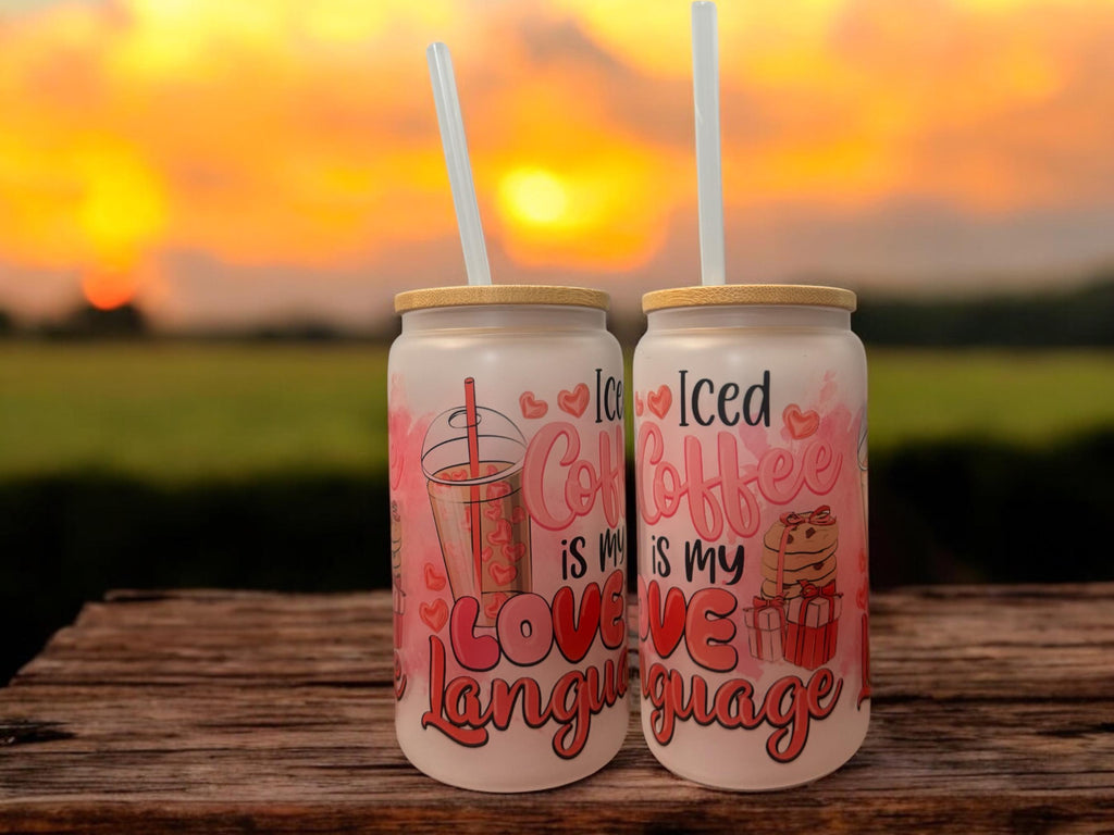 Gift box sublimation frosted glass cup 16oz, Iced coffee is my love language. Just for you - Sweet Vision LLC