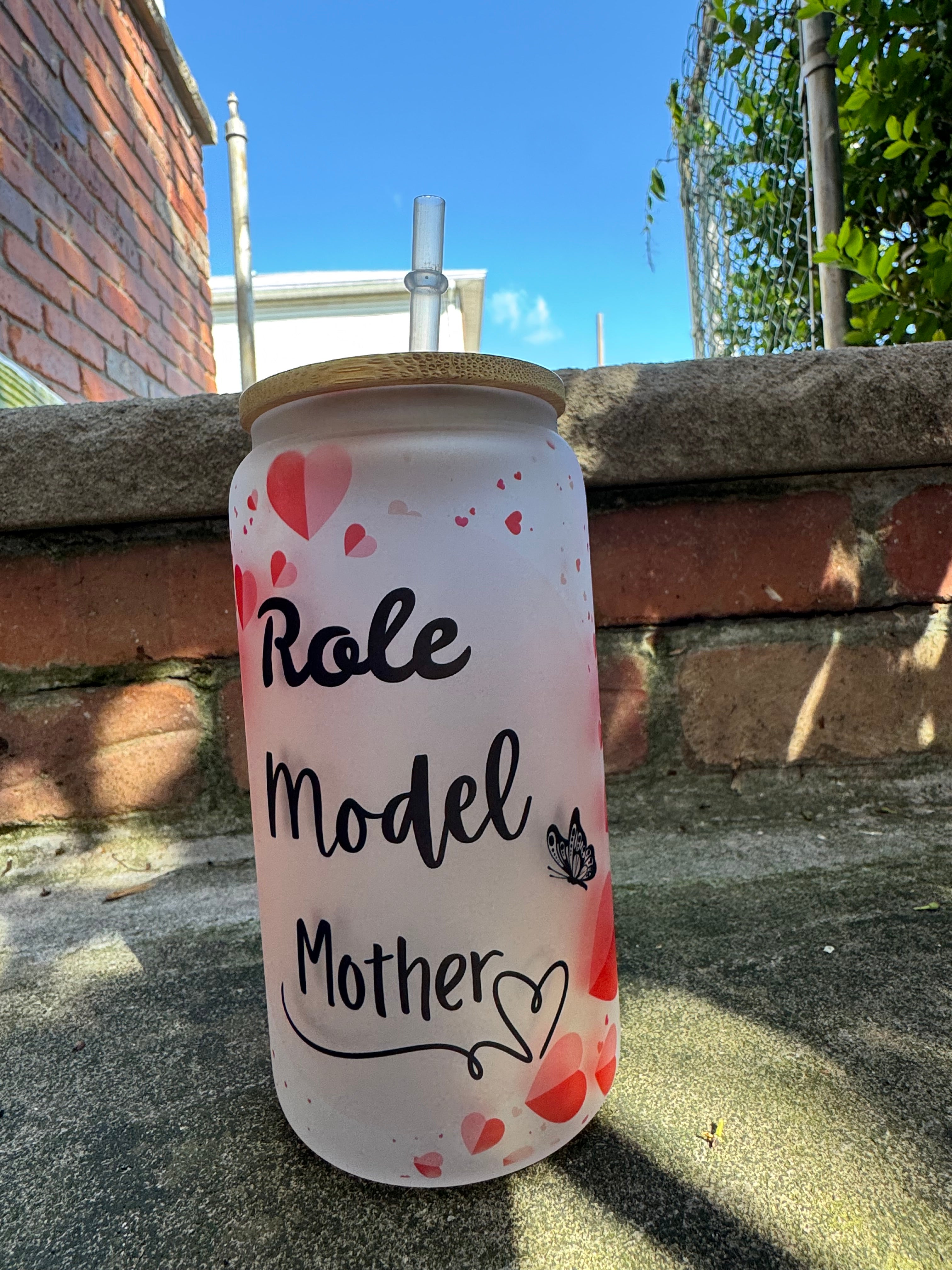 Frosted glass cup with lid and straw, Mom Life