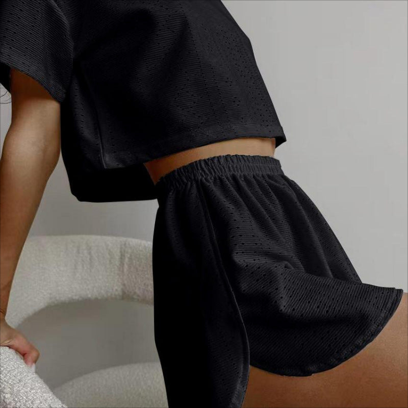 2pcs Casual Hollow Suit With Short-sleeved Crop Top And Elastic Slit Shorts Summer Fashion Sport Clothing For Women - Sweet Vision LLC