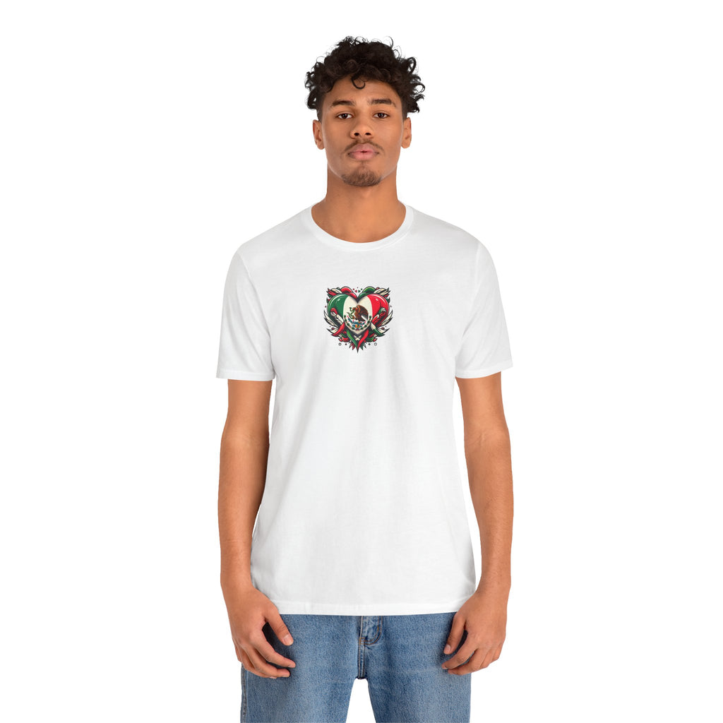 Unisex jersey tee featuring a Mexico heart flag graphic, perfect for holidays and celebrations by Printify.