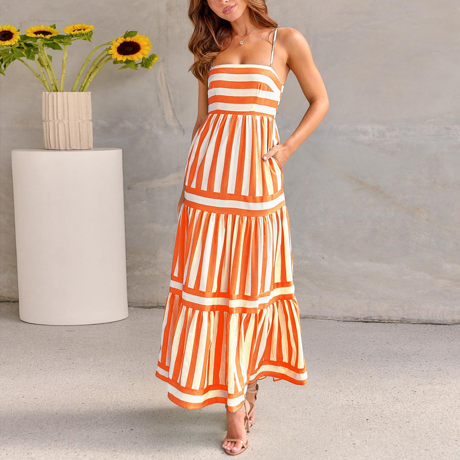 Summer Striped Printed Suspender Long Dress With Pockets Fashion Square Neck Backless Dresses For Beach Vacation Women Clothing - Sweet Vision LLC