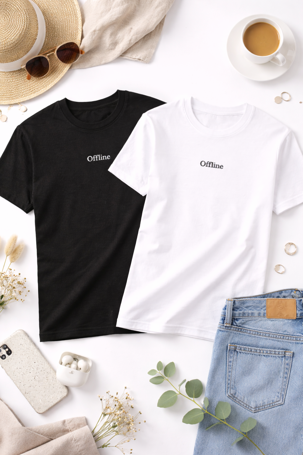 Black and white t-shirts with 'Offline' text on a white surface with accessories.