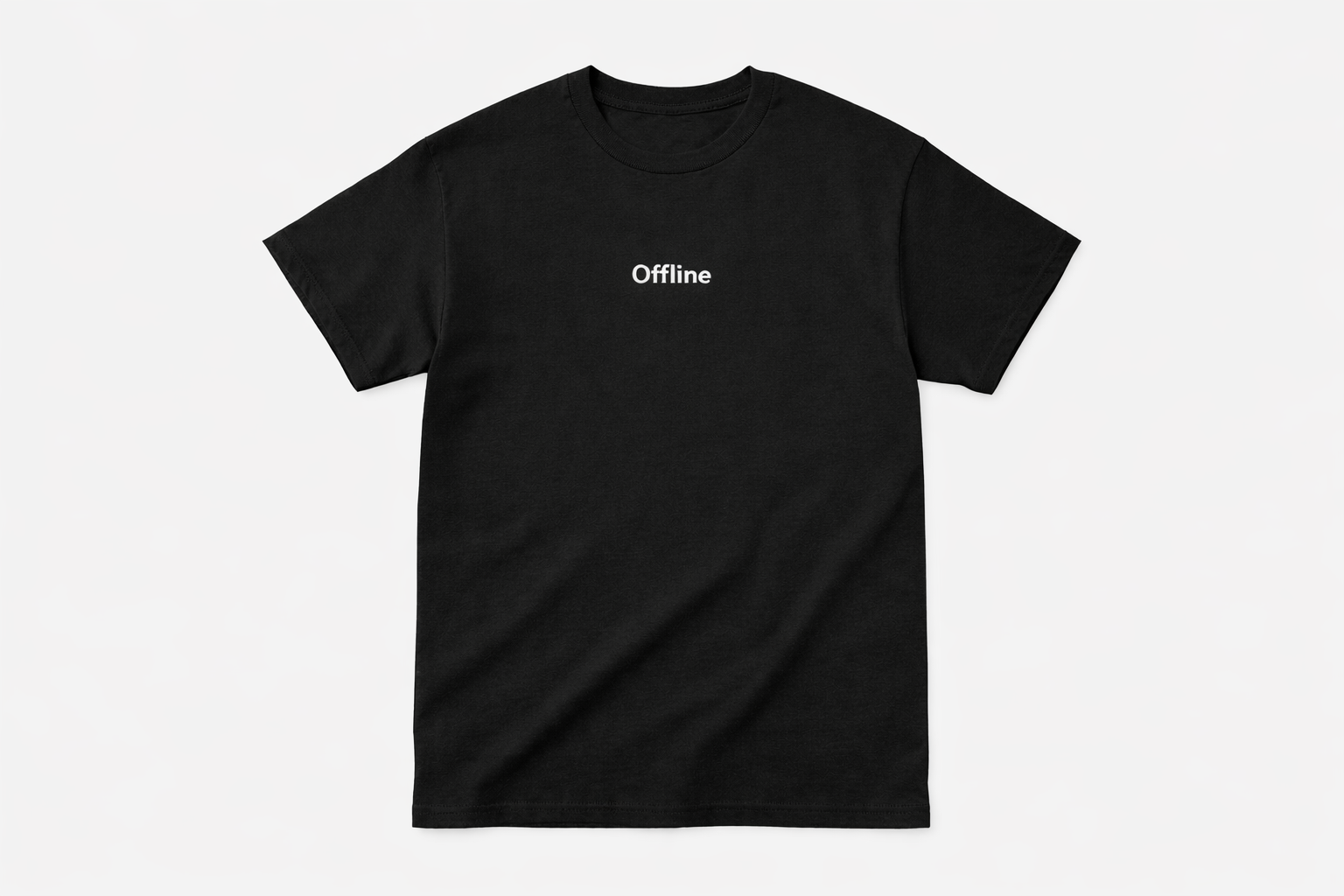 Black t-shirt with 'Offline' text on a white background