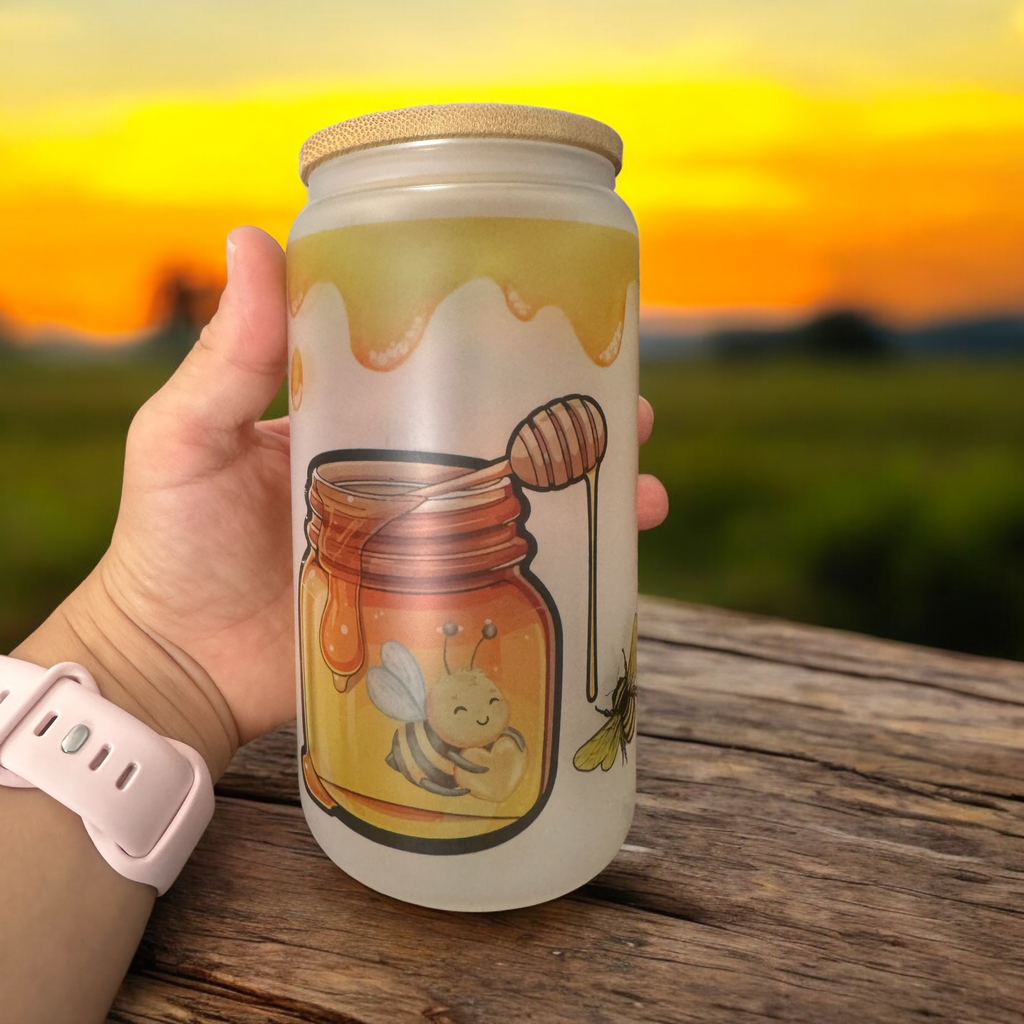 Frosted glass cup 16oz,Iced Coffee Cup, Mom iced coffee cup, Glass Cup With Lid And Straw, Bee lover, Glass Tumbler - Sweet Vision LLC