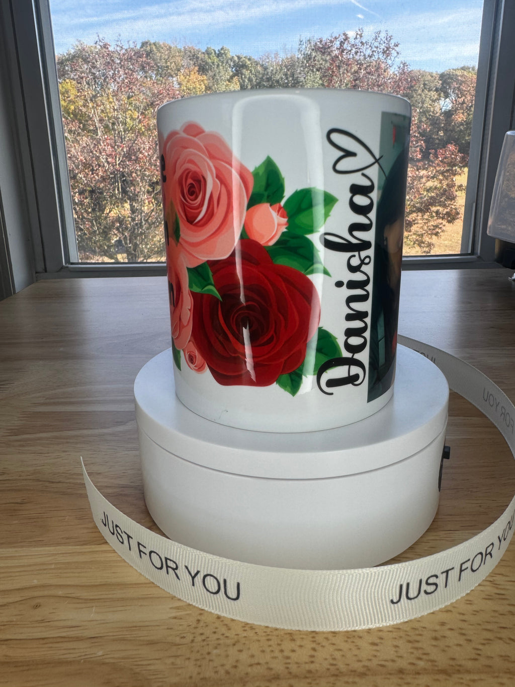 Custom picture, Sublimation mug with lid and spoon, heart handle - Sweet Vision LLC