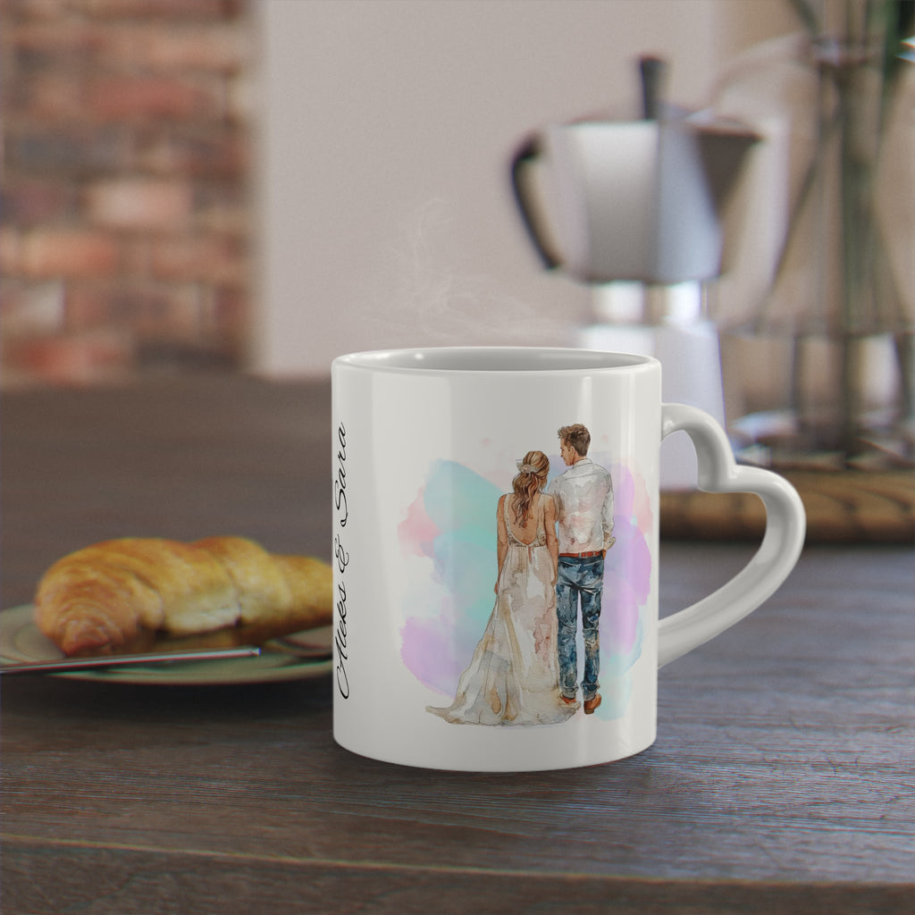 Couples Wedding mug, Sublimation mug with lid and spoon, heart handle - Sweet Vision LLC