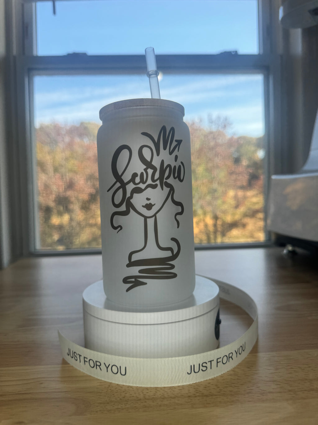 Frosted glass cup with lid and straw 16oz, Iced Coffee, Scorpio zodiac sign, Coffee lover, Glass Tumbler, Birthday gift - Sweet Vision LLC