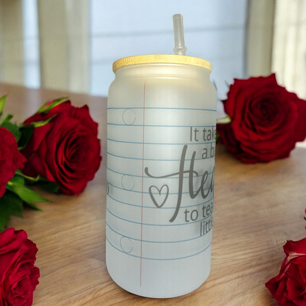 16oz frosted glass cup with bamboo lid and straw, teacher cup, birthday gift, big heart - Sweet Vision LLC