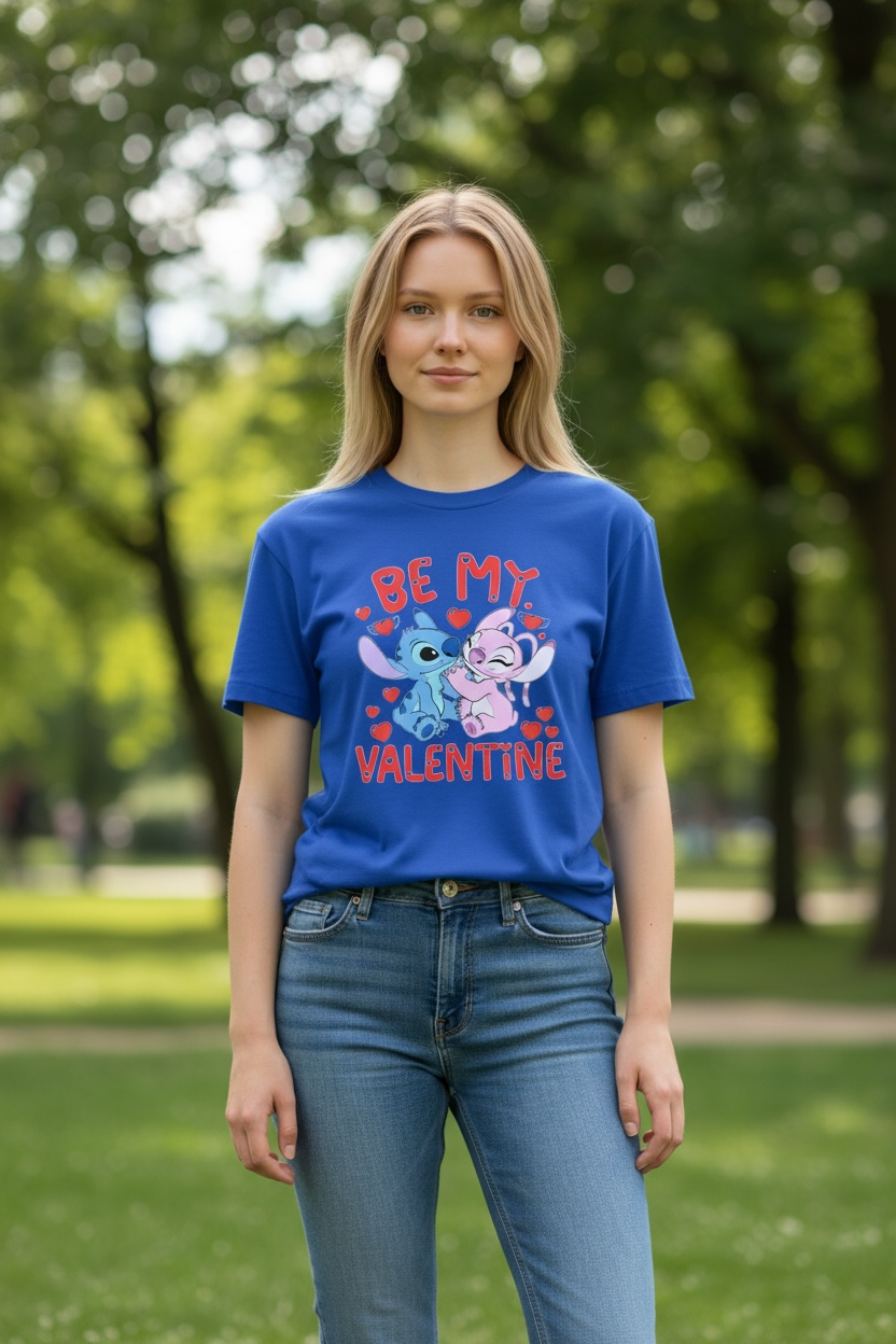 Woman wearing a blue T-shirt with a cute cartoon Valentine design and “Be My Valentine” text, photographed outdoors