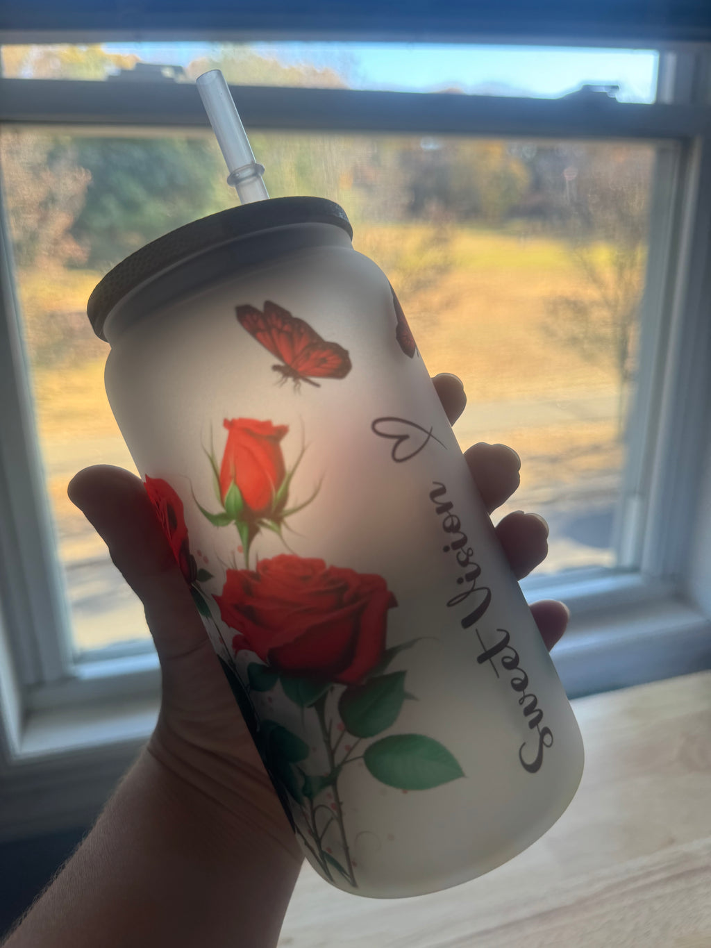 Custom name Gift box, sublimation frosted glass cup 16oz, red roses. Just for you - Sweet Vision LLC