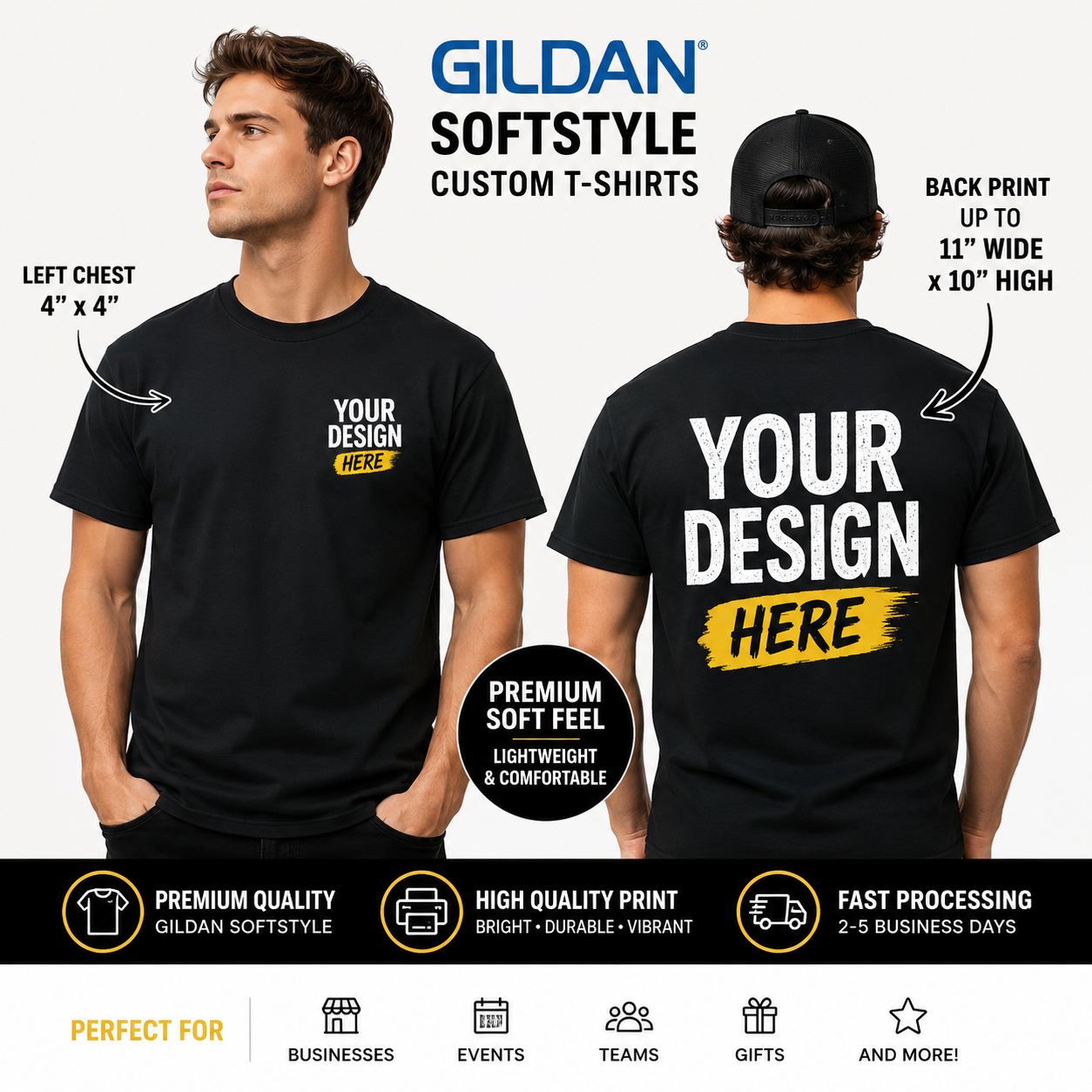 Custom T-Shirts – Bulk Orders Only Front 4x4, Back 11'- Gildan SoftStyle