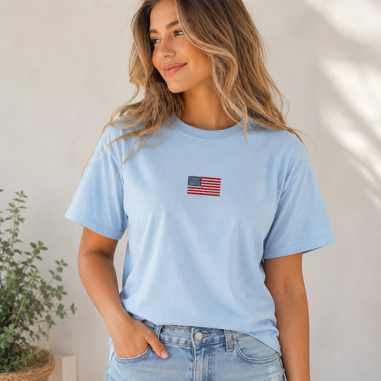 Small Flag Embroidered Tee – Custom Logo