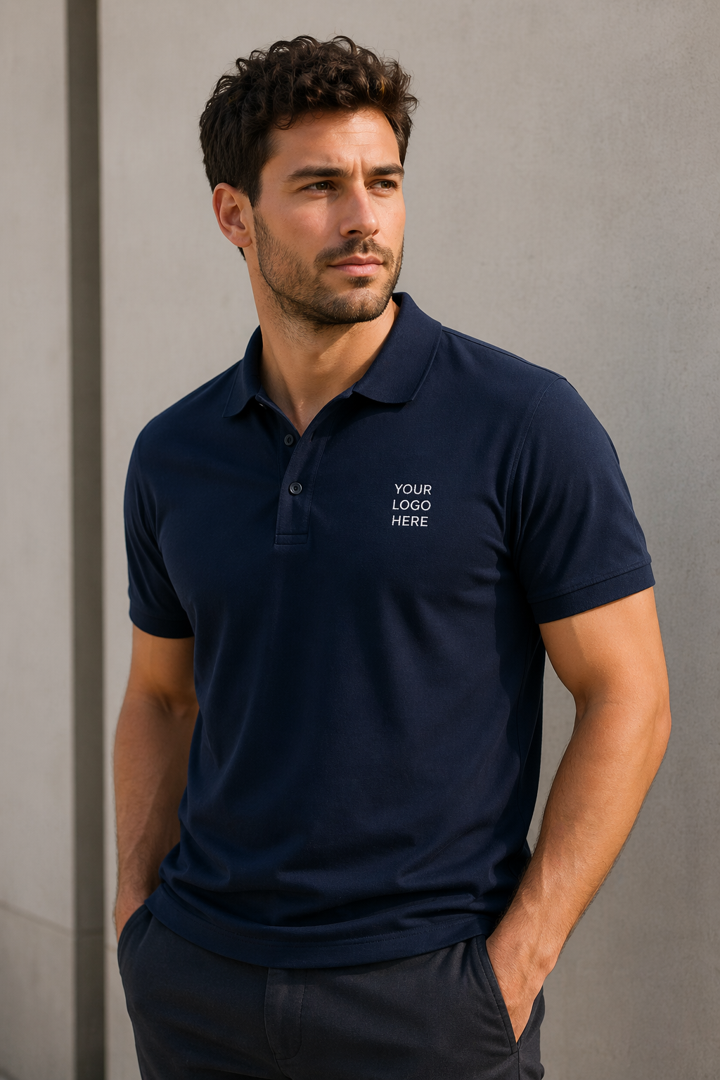Custom embroidered ManiaWear T-shirt with business logo, showcasing detailed stitching and vibrant design on casual apparel.