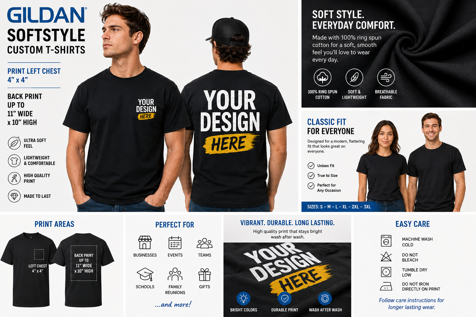 Custom T-Shirts – Bulk Orders Only Front 4x4, Back 11'- Gildan SoftStyle