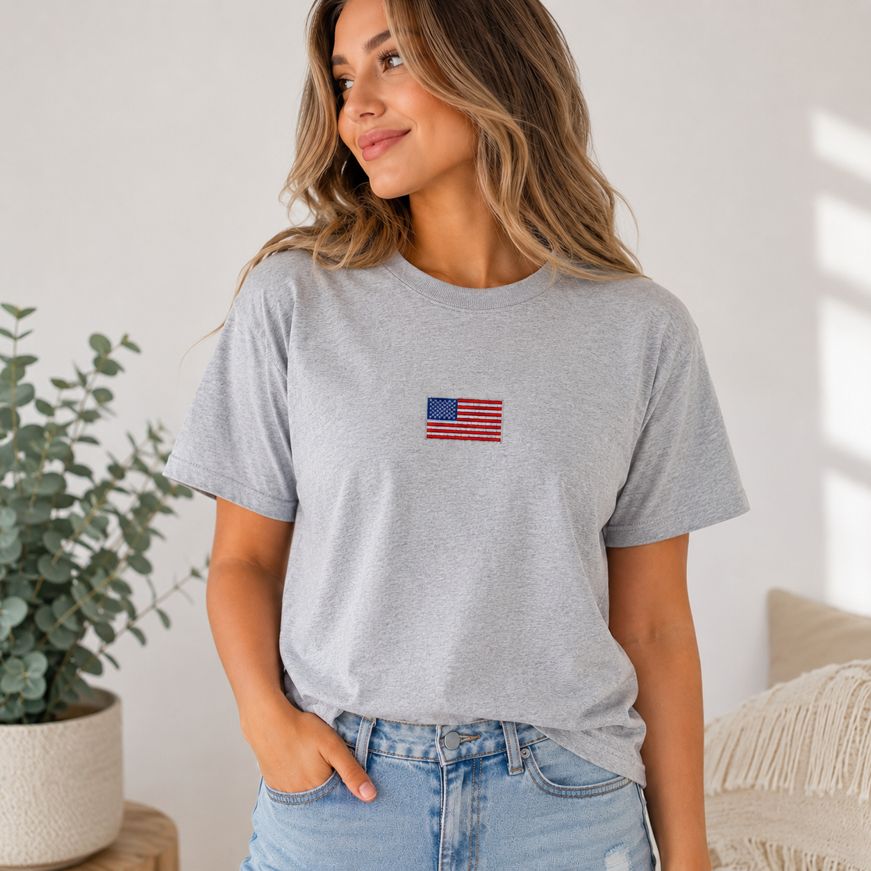 Small Flag Embroidered Tee – Custom Logo
