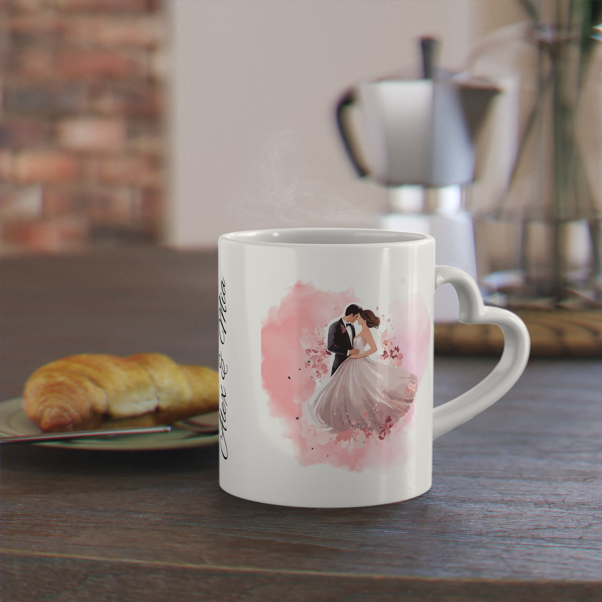 Couples Wedding mug, Sublimation mug with lid and spoon, heart handle - Sweet Vision LLC