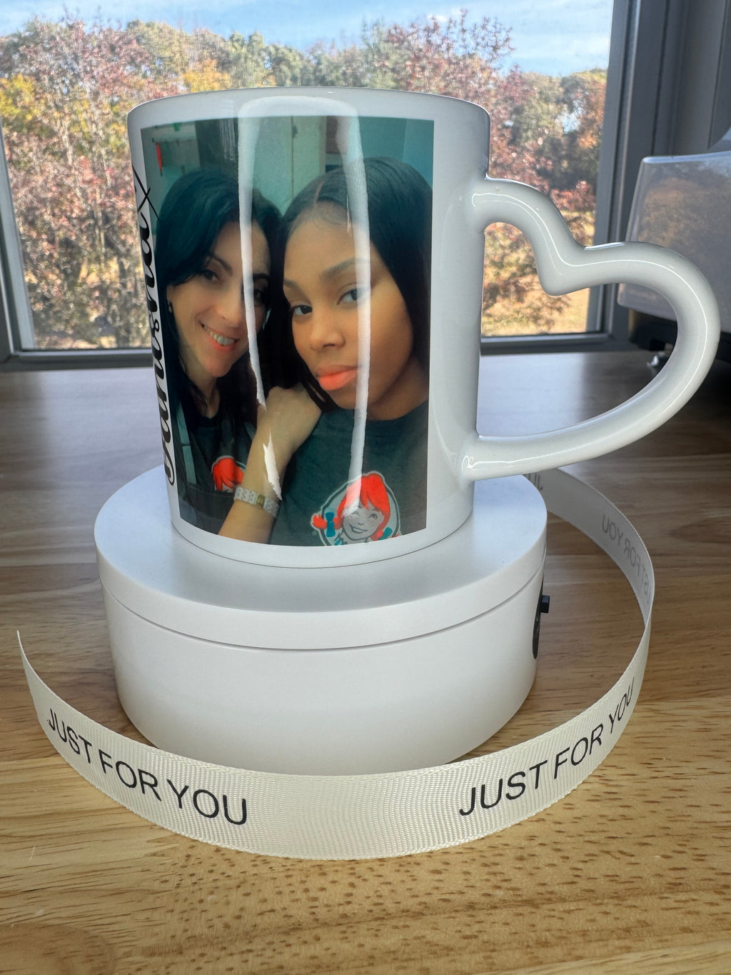 Custom picture, Sublimation mug with lid and spoon, heart handle - Sweet Vision LLC