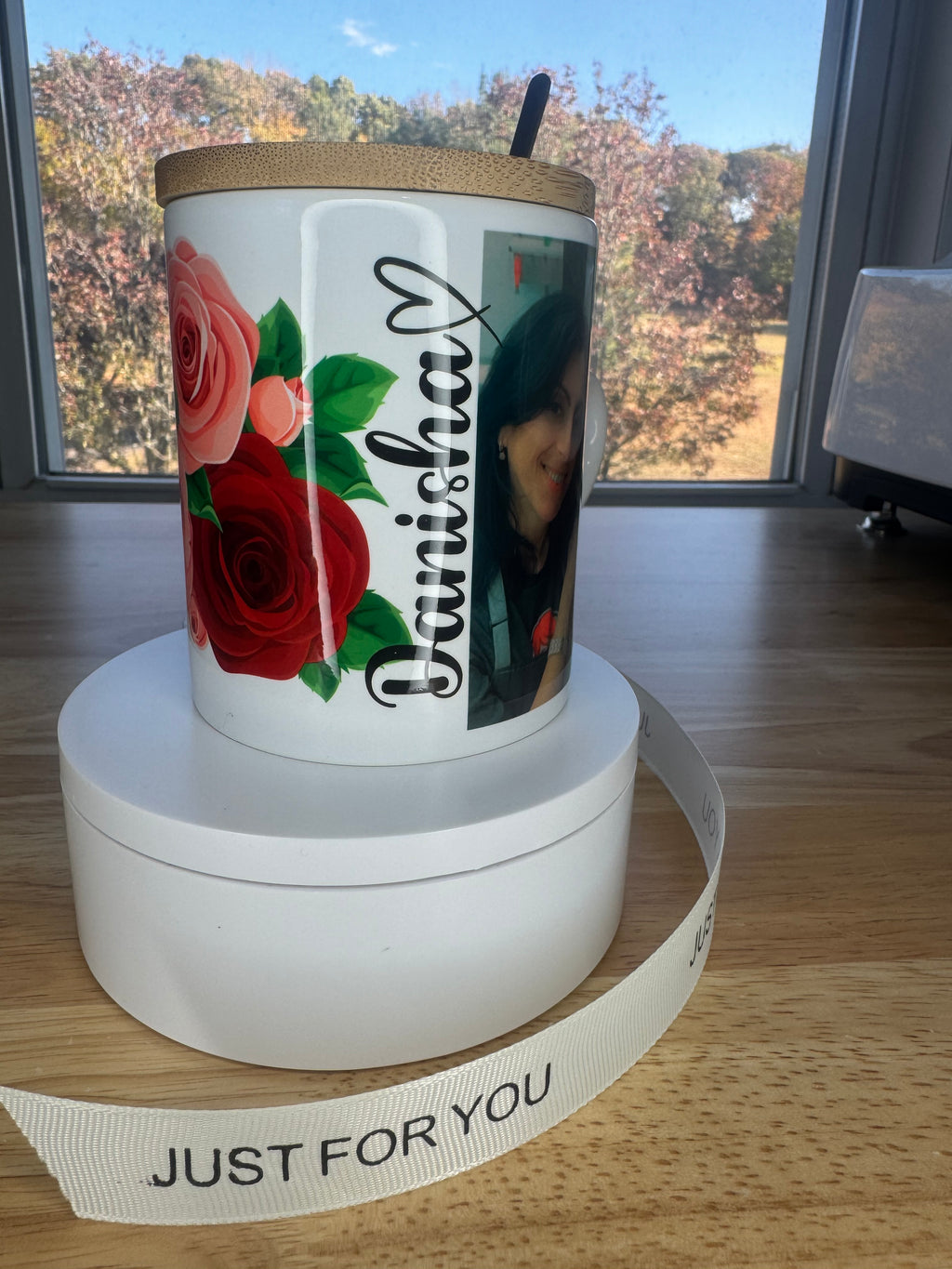 Custom picture, Sublimation mug with lid and spoon, heart handle - Sweet Vision LLC