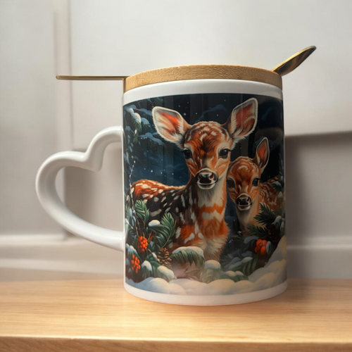 Christmas mug with lid and spoon, heart handle Sublimation mug - Sweet Vision LLC